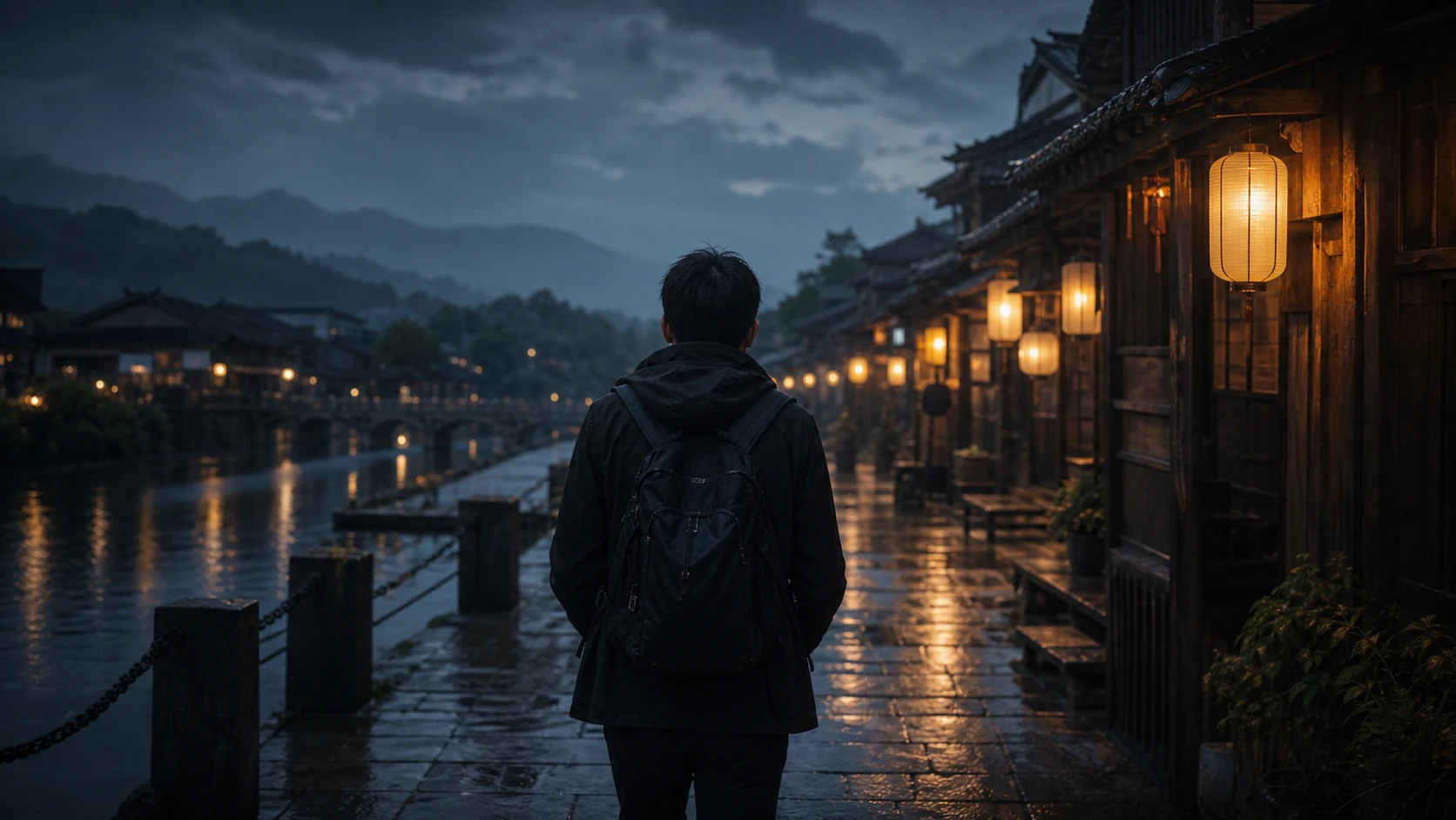 雨夜古城中独自前行的人物概念画面