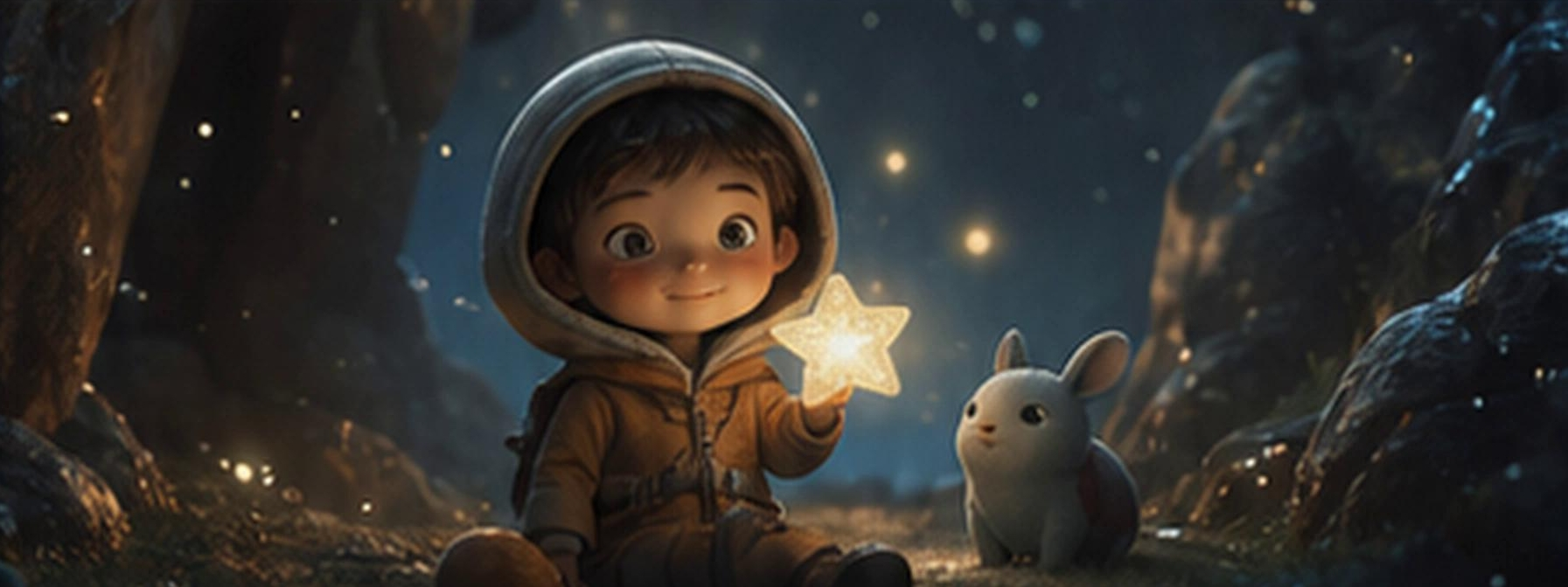 星光森林中的孩子与兔子动画概念画面