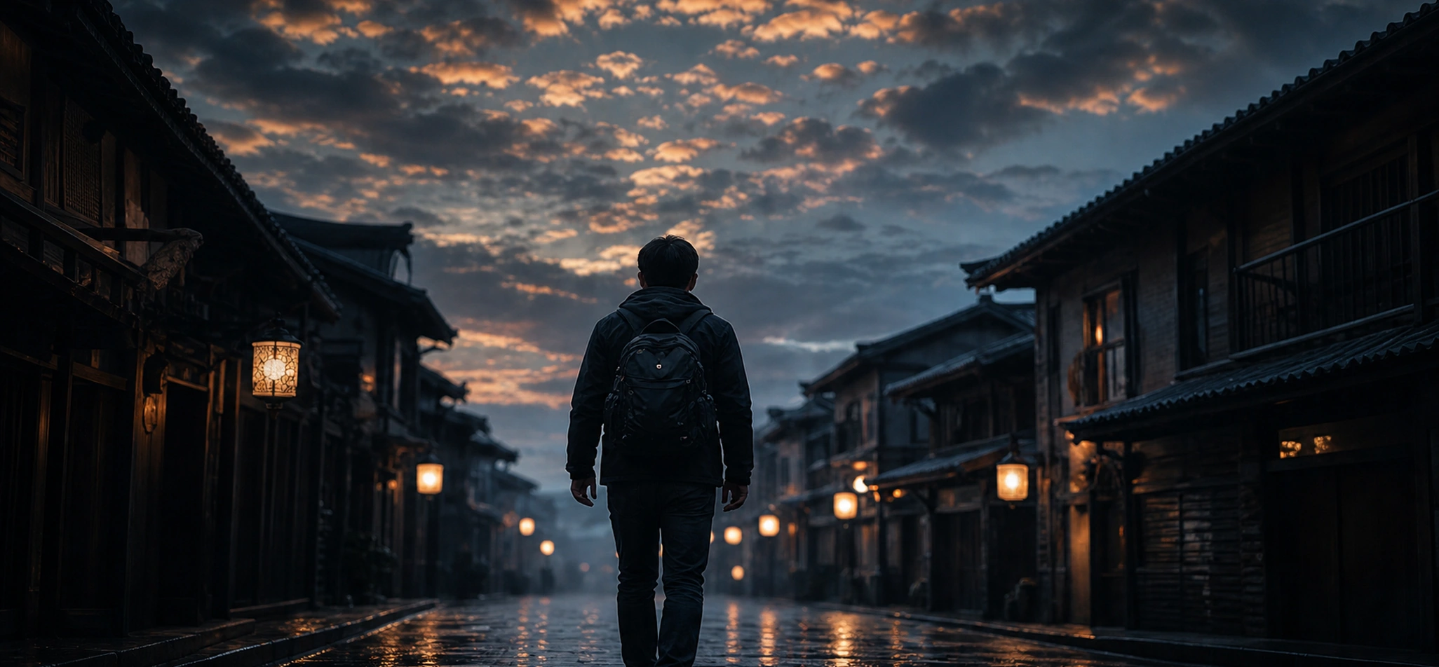 雨夜古城中独自前行的人物概念画面