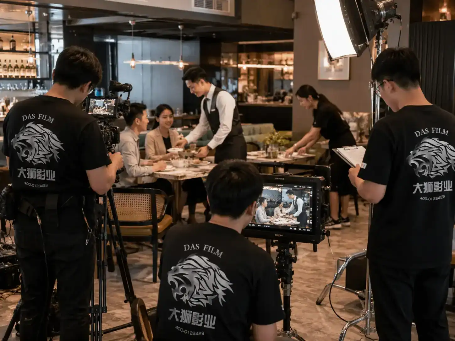 餐厅拍摄现场，摄影师和工作人员在布置场景.