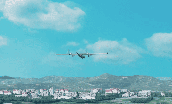 无人机在低空飞行，背景为城市和山脉，展示低空经济应用场景.