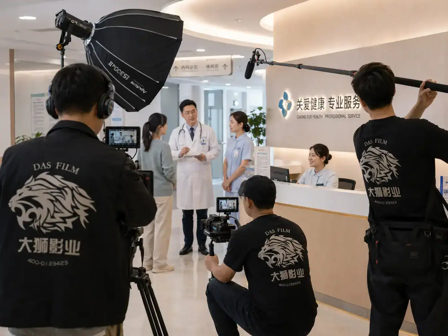 医疗团队拍摄宣传片,专业设备和人员在医院前台.